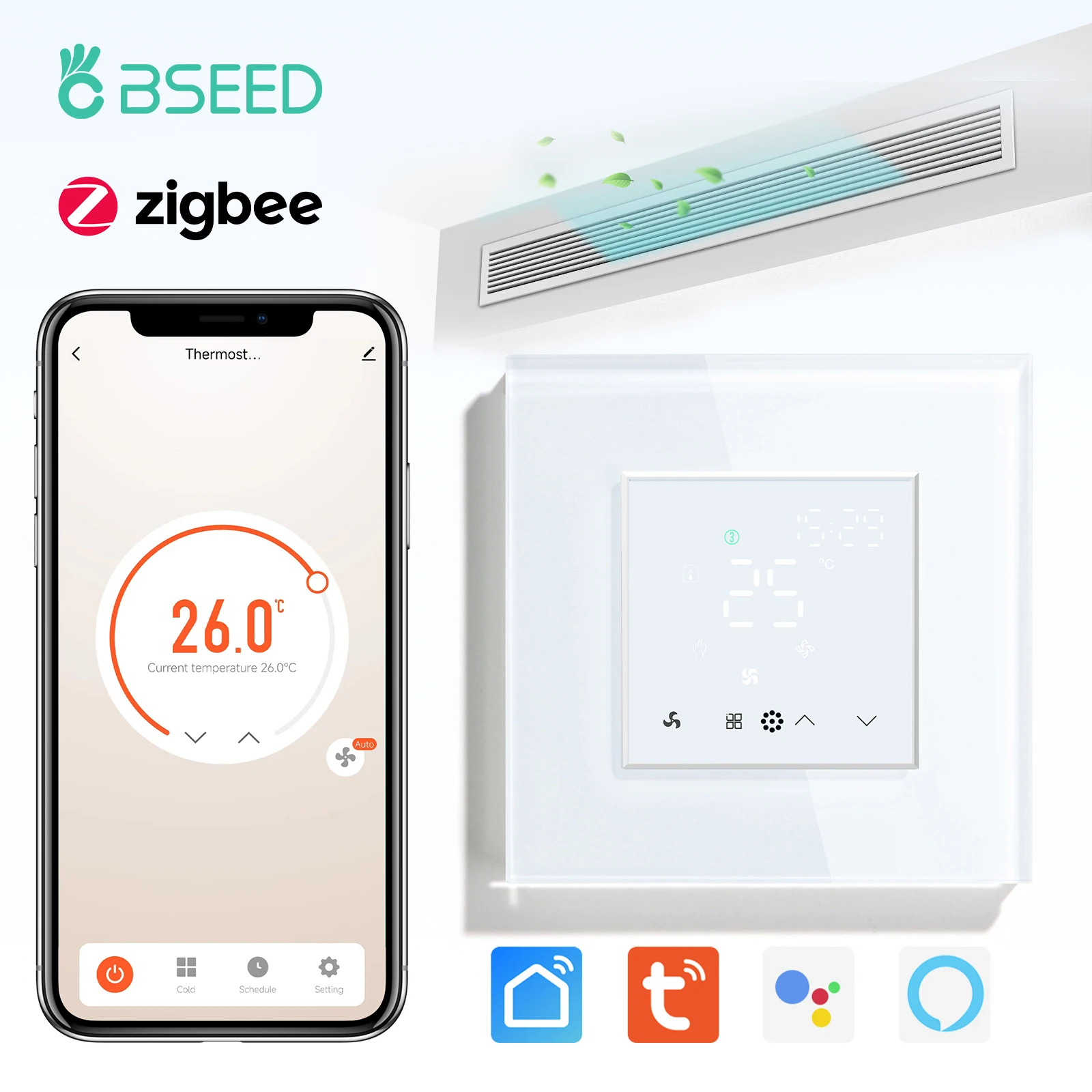 BSEED Zigbee Smart Air Conditioner Thermostat Control Fan Coil 2 Pipe LED Touch Screen Temperature Controller Tuya Alexa Control