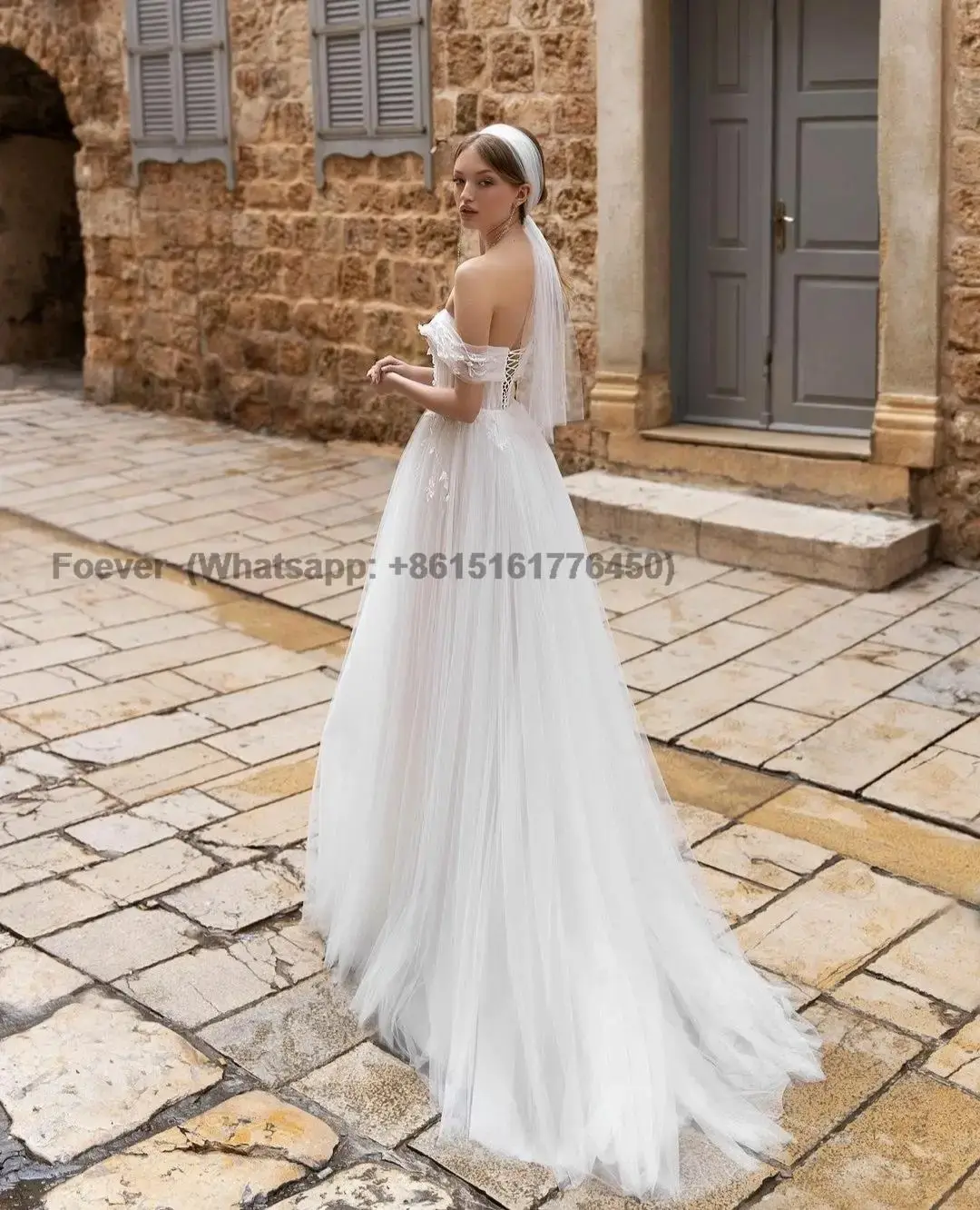 

Elegant Long Boat Neck Lace Wedding Dresses A-Line Lace Up Back Ivory Tulle Brautkleider Robes de Soirée for Women