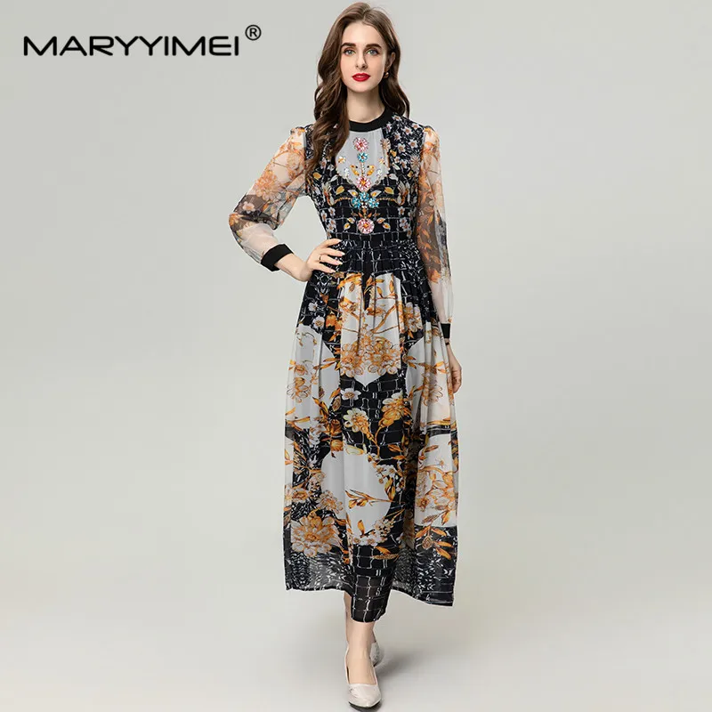

MARYYIMEI Fashion Women's Vintage See-Through Long-Sleeved Patchwork Diamond Floral Long Dress Elegant Printed Shaggy Maxi Dress