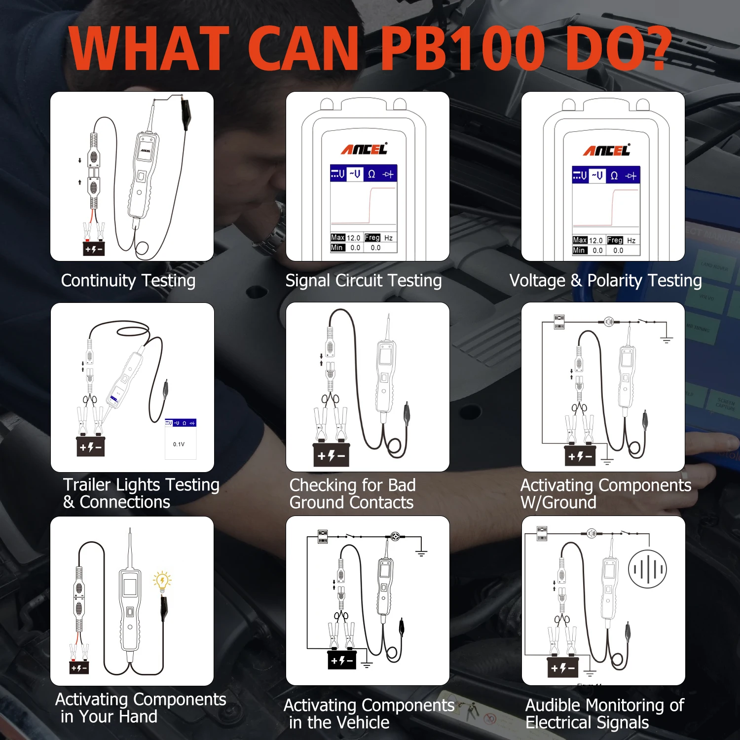 Ancel PB100 배터리 테스터 파워 프로브 자동차 진단 도구, 전류 전압 통합 파워 스캐너, 12V, 24V
