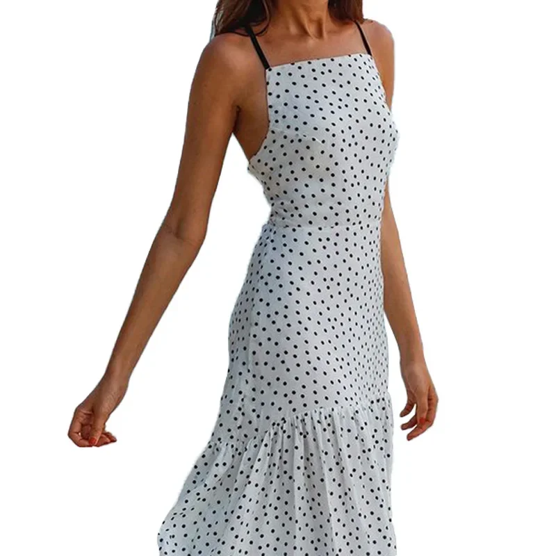 2023 Summer Women's Polka Dot Printed Long Dress Thin Shoulder Strap Robe New Style Sling Tight Backless Fashion Wrap Dress Set
