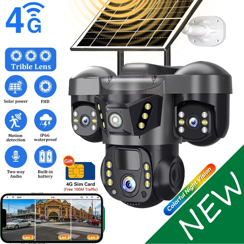 태양광 카메라 4G 심 카드 15MP 야외용 3렌즈 3화면 PIR 인체 감지 네트워크 IP 카메라 야간 투시 CCTV 보안 보호
