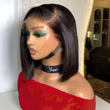 Short Bob Cut Blunt Black Color Bone Silky Straight 13X4 Lace Frontal Wigs Synthetic Wig Prepluck Bleached Knot Glueless Wig