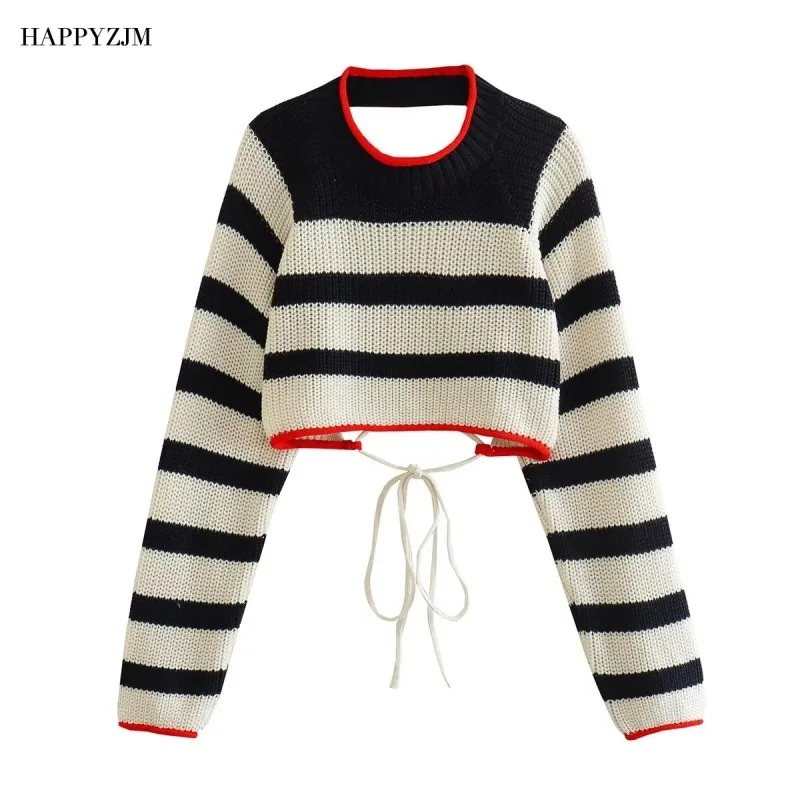 

New Women Open-Back Knitting Jacket Fashion Round Neck Long-Sleeve Slim Sweater Fashion Sexy Lace-up Open-back Top