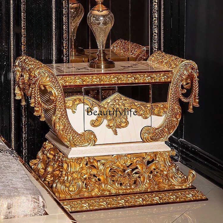 

European-Style Double Master Bedroom High-End Solid Wood Bedside Cabinet Villa Bedroom Furniture