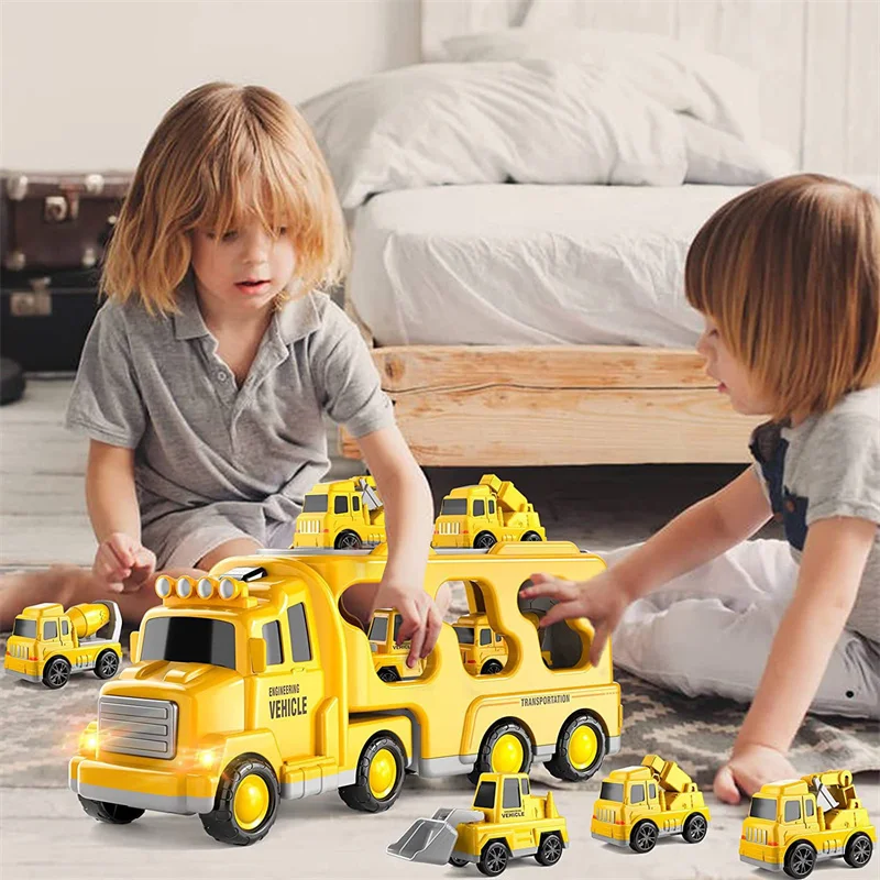 Children enjoying construction vehicle toy set