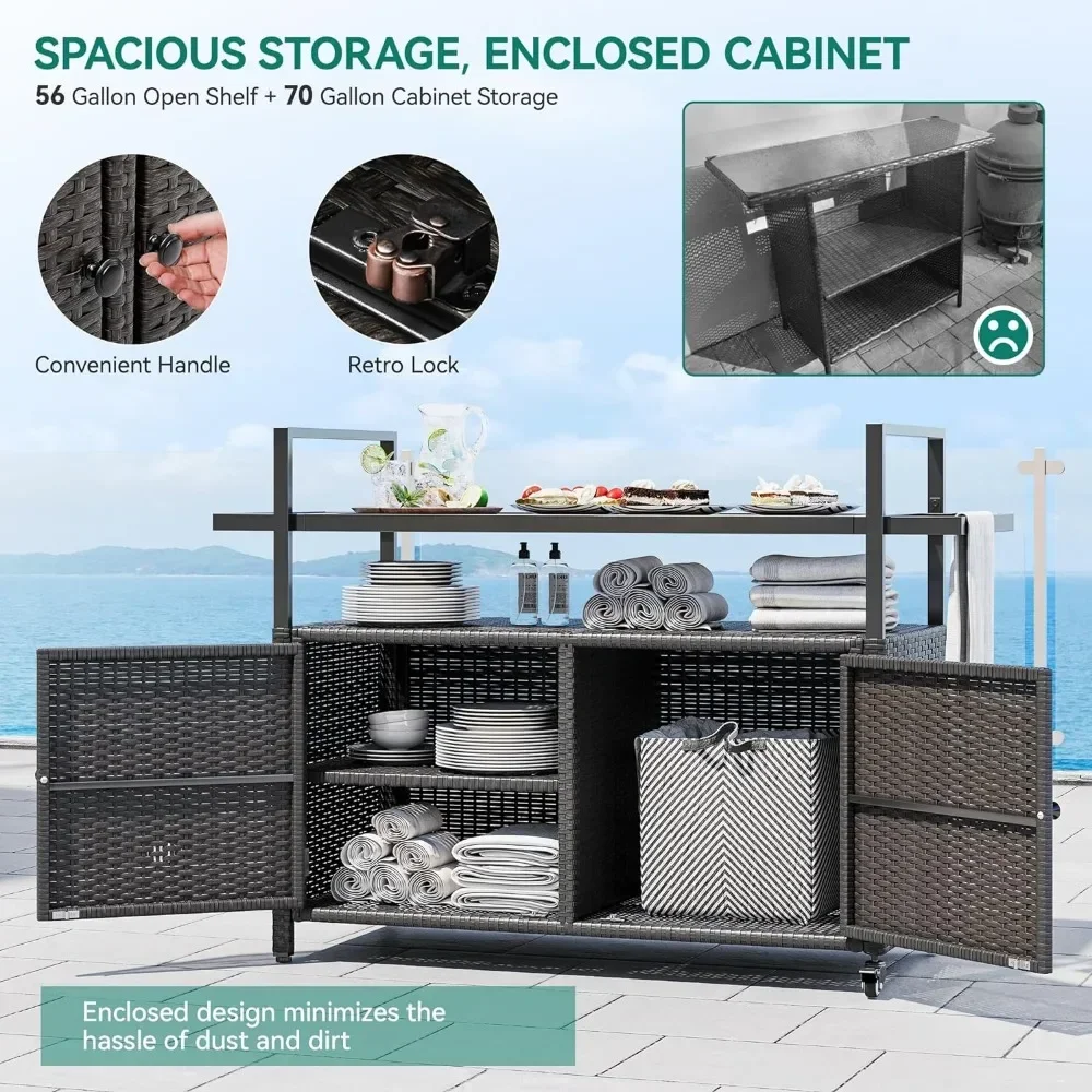 Kitchen Trolley, Wheels and Black Glass Table Top for Patio, Poolside and Backyard , Outdoor Kitchens Rolling Trolleys