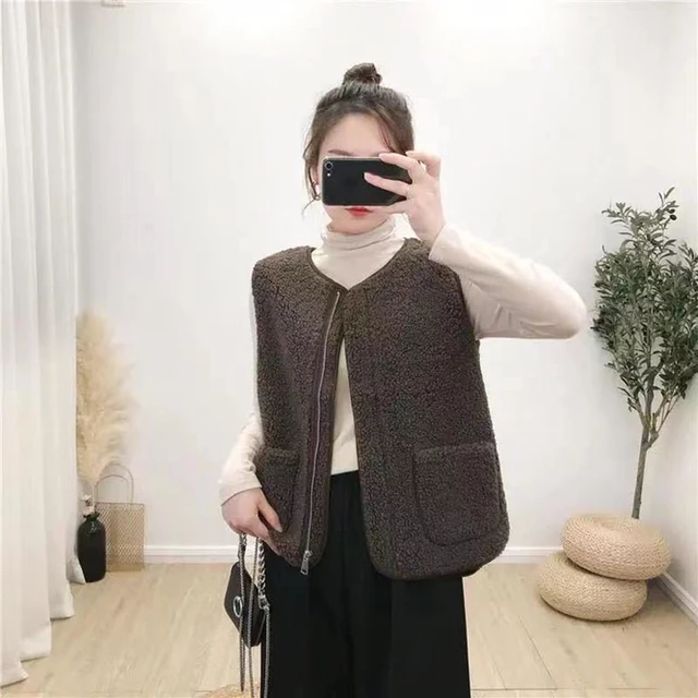 2022 Autumn  Winter Women's Vest Lamb Wool Korean Version Versatile Imitation Fur One Short Girls' Vest Zipper Coat Casual Beige 2