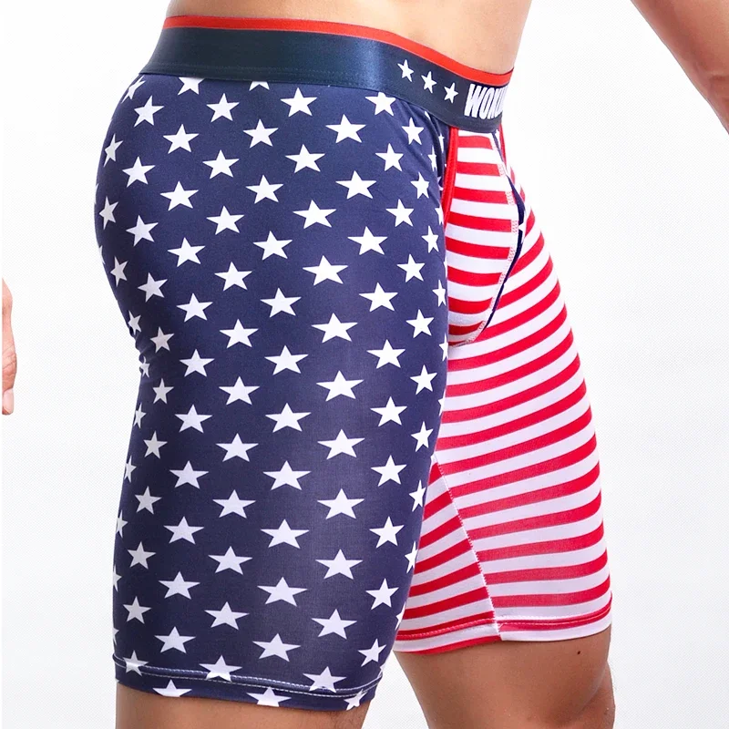 Men's Underwear Long Boxers Slim Fit Home Fitness Tights American Flag Printing Underpants Male Trunk Five Minutes Boxers 3