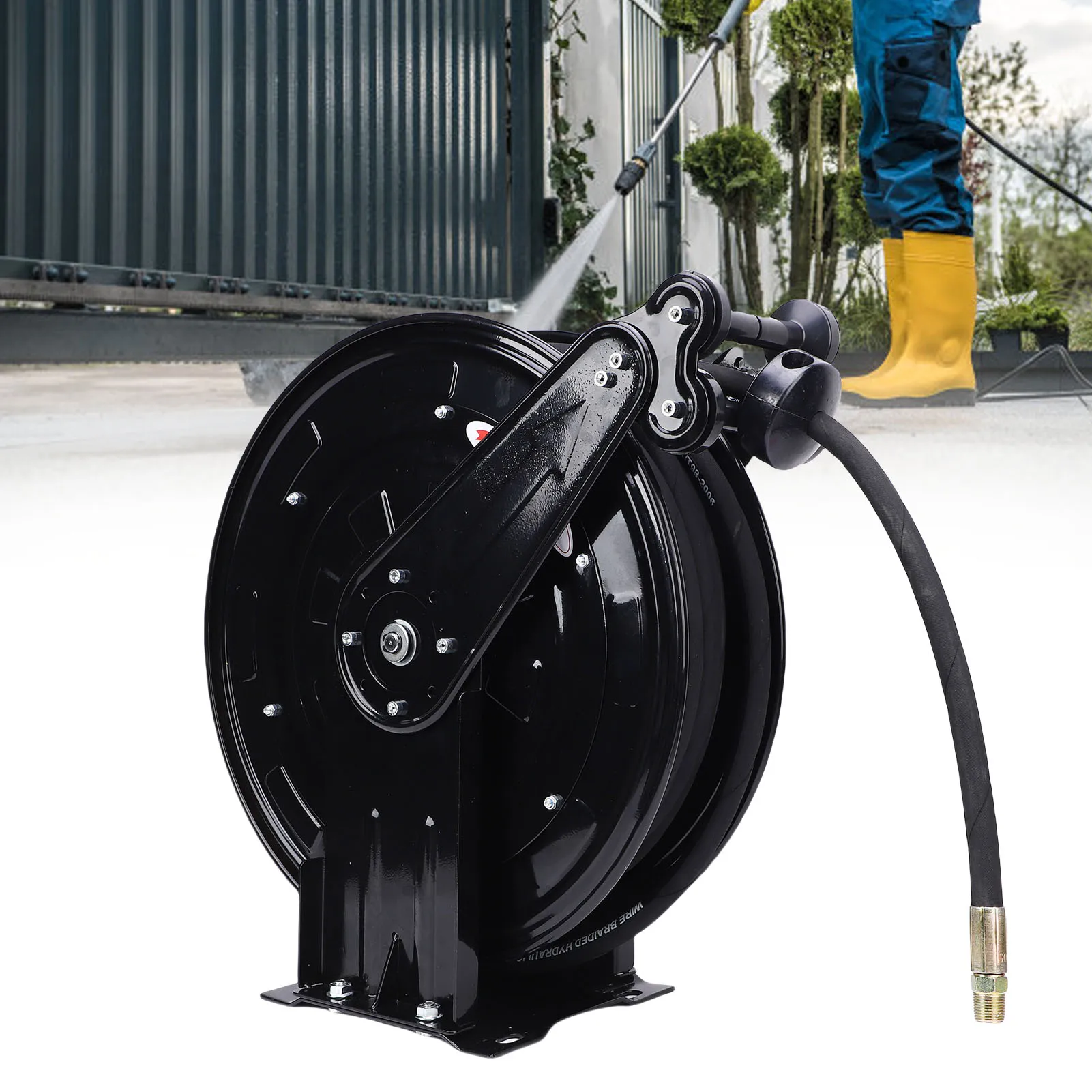 Pressure Washer Hose Reel 2 Arm 3/8inx49.21ft Retractable Auto Rewind Heavy Duty Steel with 49.21ft Hose 4.9ft Wire 4000PSI for