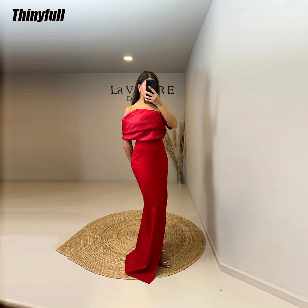 

Thinyfull Satin Mermaid Prom Dresses Off Shoulder Split Evening Party Gowns 2024 Tea-Length Women Formal Occasion Dress