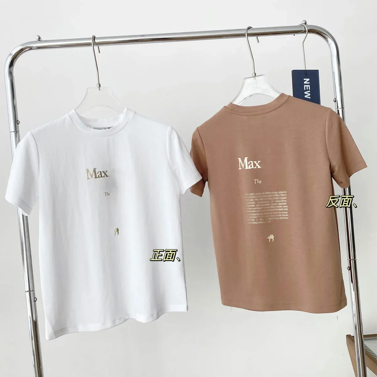 

Gold Plated Camel Double Sided Printed Letter Minimalist Round Neck T-shirt for Women Summer Loose Medium Length Short Sleeve