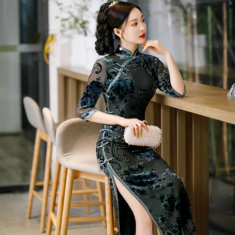 

2022 Chinese Style Retro Satin Chiffon High Split Cheongsam Classic Women's Elegant Vintage Floral Print Qipao