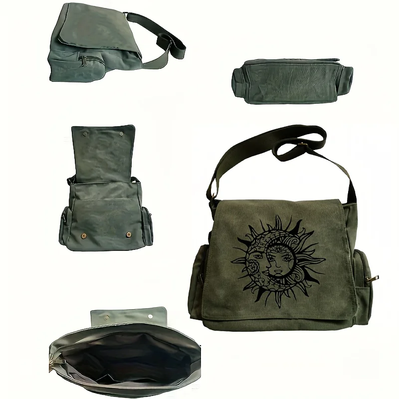 Vintage Women's Crossbody Bags Sun And Moon Print Message Bag Large Capacity Canvas Shoulder Bag For Women Gifts