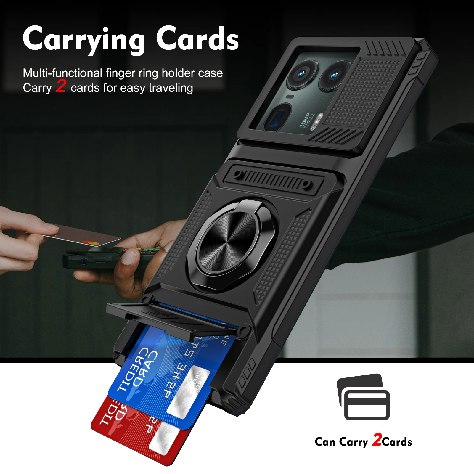 Shockproof Heavy Armor Phone Case with Metal Ring Holder and Hidden Card Slot