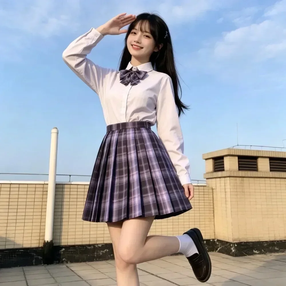 보라색 체크무늬 핏 JK 스커트 슈트, 여학생을 위한 클래식 아카데미 유니폼, 일상복 및 애니메이션 코스프레를 위한 다용도 캠퍼스 의상