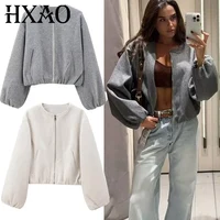 HXAO Outerwears Cropped Bomber Jacket Women Autumn Long Sleeve Faux Wool Coats For Woman Winter Zip Up Gray Beige Short Coats 1