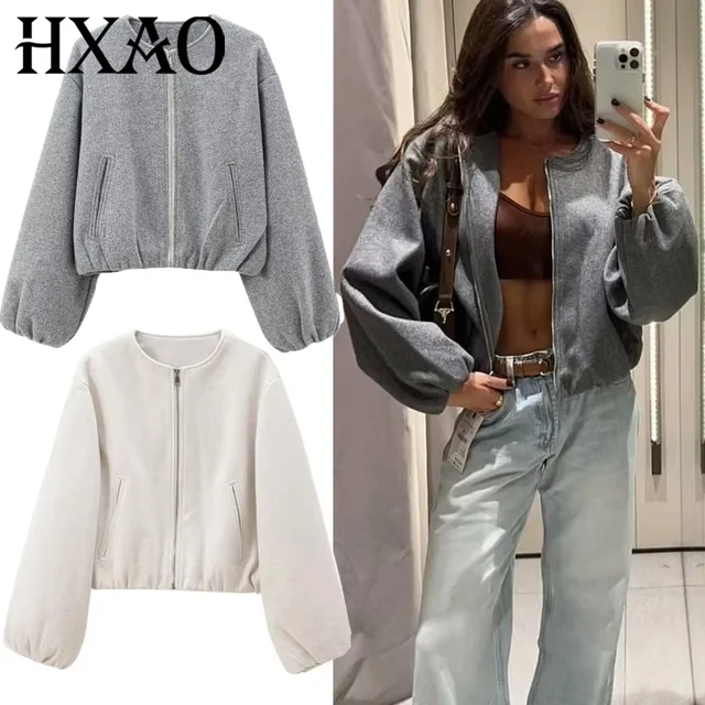 HXAO Outerwears Cropped Bomber Jacket Women Autumn Long Sleeve Faux Wool Coats For Woman Winter Zip Up Gray Beige Short Coats 1