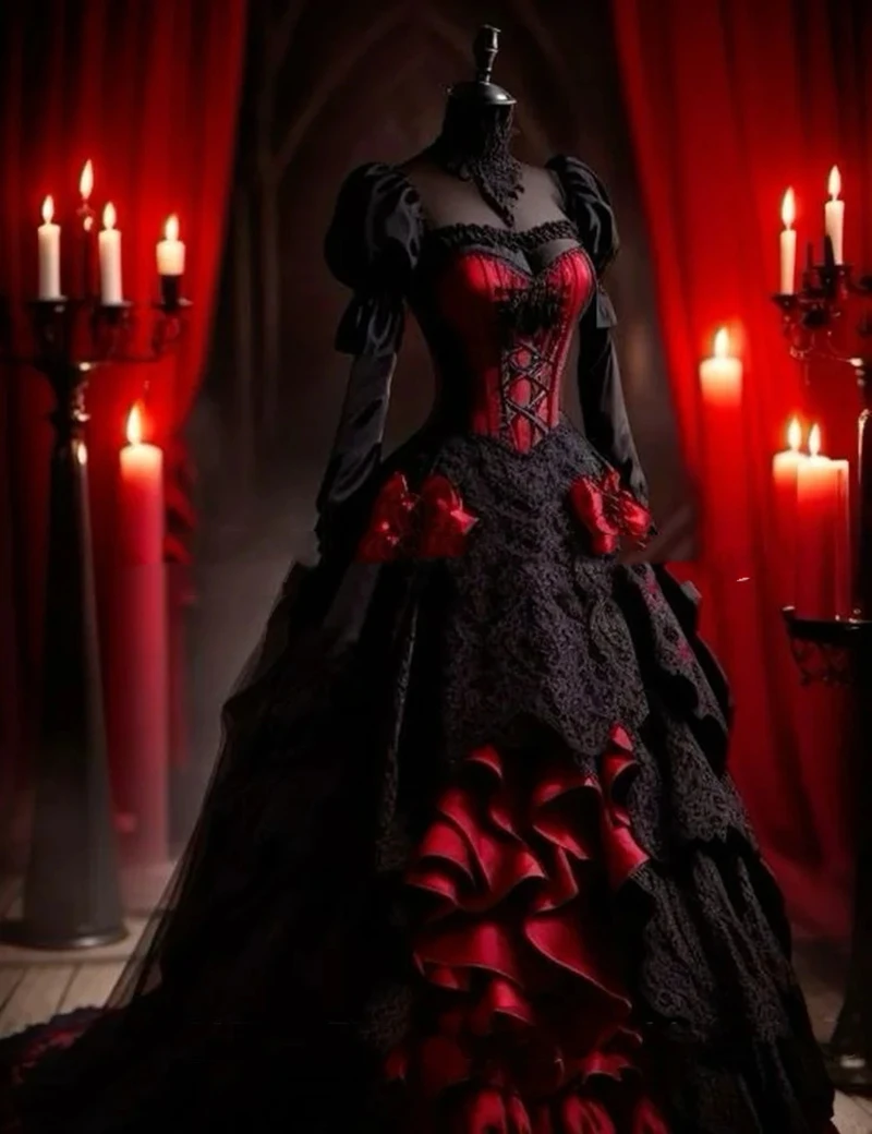 Gothic Black And Red Wedding Dress Tiered Corset Vintage Wedding Gown Long  Sleeves Lace And Satin Masqurade Dress Customized - AliExpress, image size:800x1040
