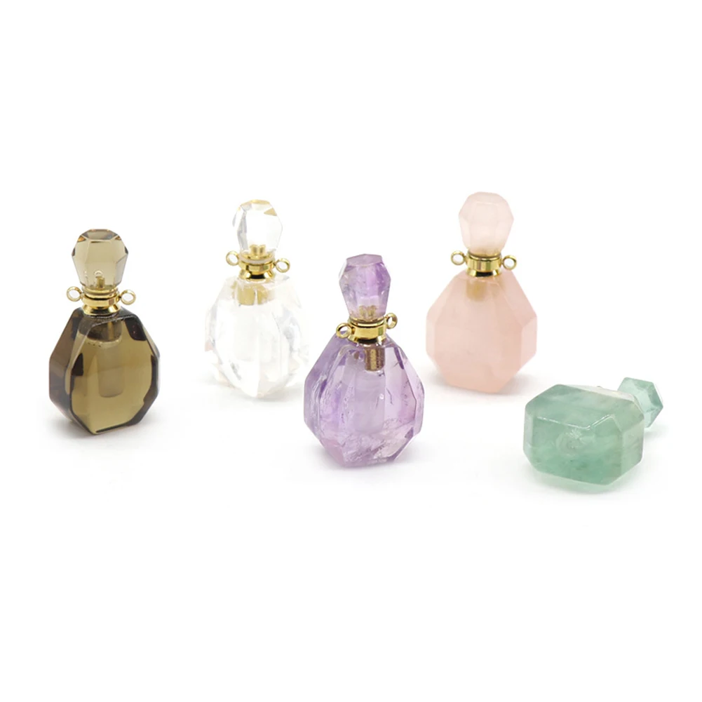 

Natural Crystal Wishing Bottle Necklace Pendant Mini Amethyst Essential Oil Perfume Storage Bottle Charm Necklace Women Jewelry