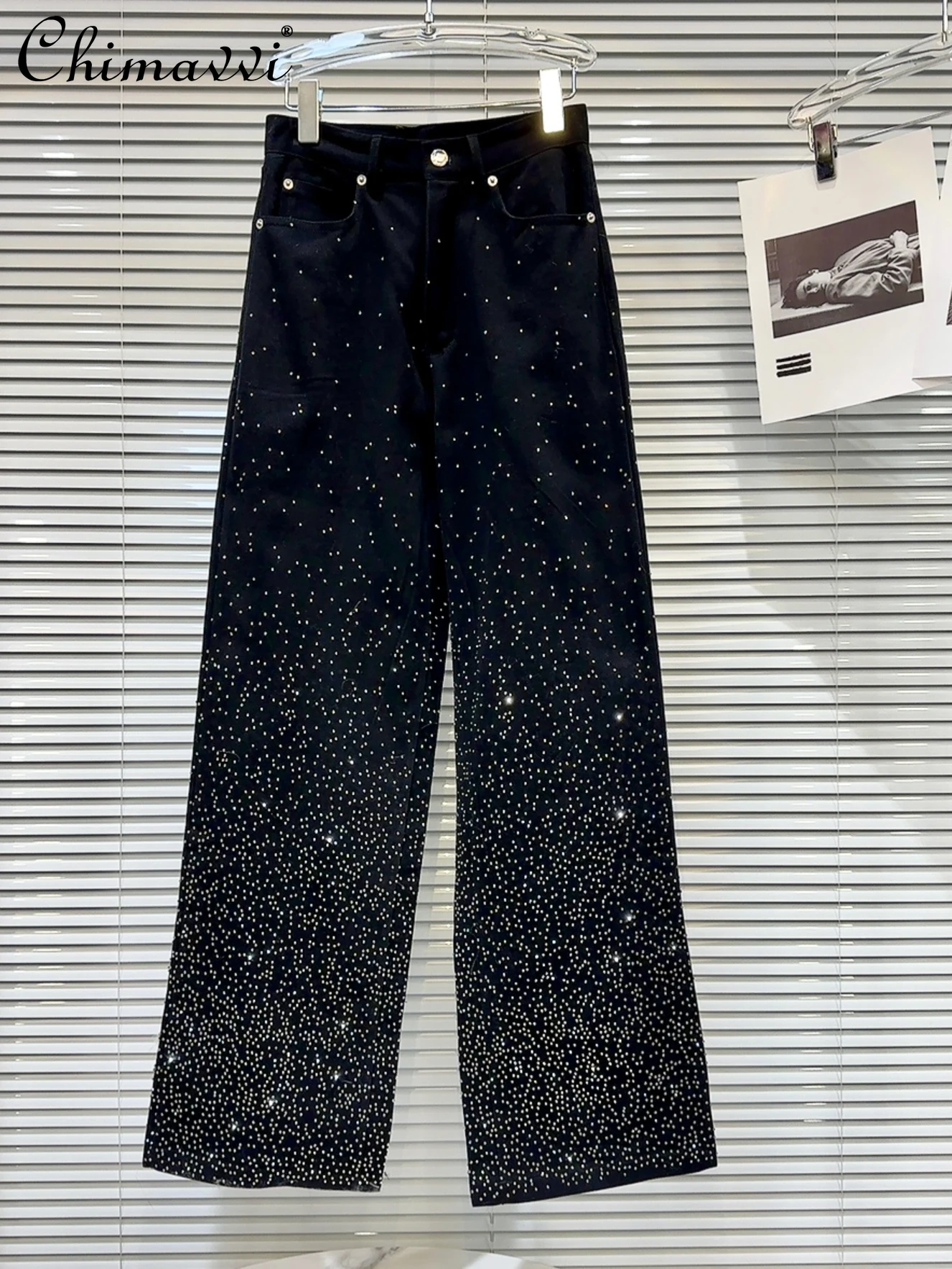 

Fashion Trousers 2023 Autumn New Style Streetwear Hot Girl Gradient Starry Hot Drilling Washed Jeans Heavy Wide Leg Pants