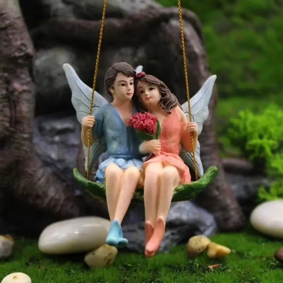 Romantic Couple Fairy Swing Statue Fairy Garden Micro Landscape Home Decoration Pendant Resin Craft Creative Scene Decoration