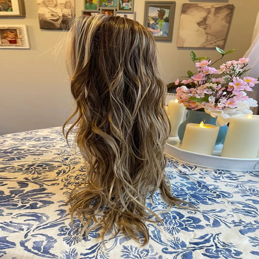 Ombr&eacute; Blonde Highlights Long Curly Wig Syntheic Blend Human Hair Lace Front Wig Dark Roots Heat Friendly Fibre Lady Girls