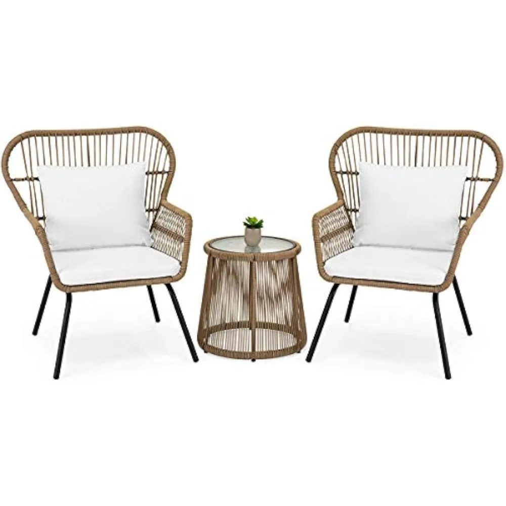 

3 Pieces Bistro Chair Set w/Glass Table Beige Outdoor Patio Furniture Wicker Rattan Modern Conversation Chat Seating
