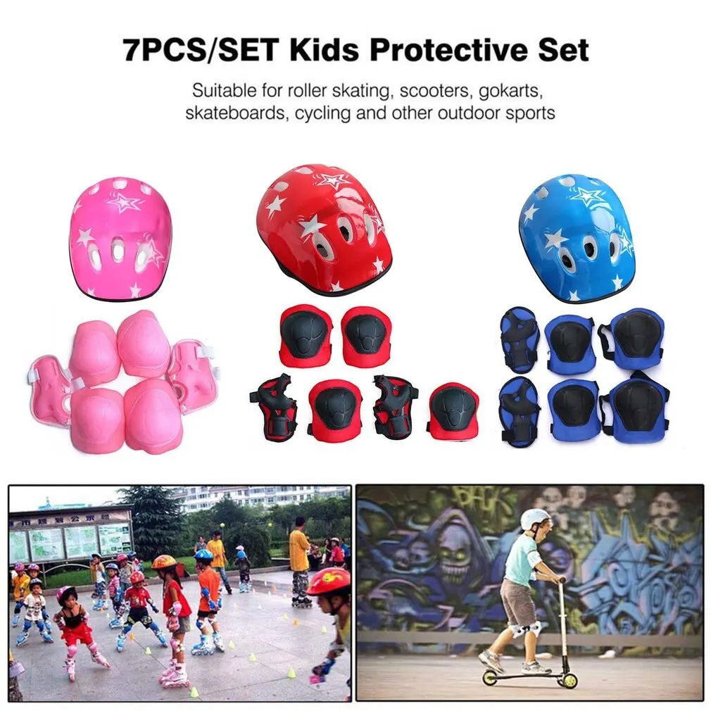 7Pcs/set Kids Cycling Protective Gear Bike Helmet Knee Wrist Elbow Guard Roller High-density Padding Comfort Good Ventilation youth children motocross body protective gear vest armor atv dirt bike suits chest spine knee elbow guard sports equipment