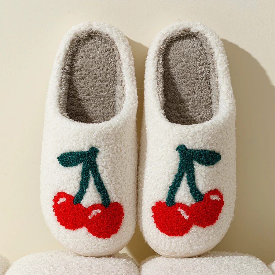 Women Winter Big Cherry Cute Cartoon Fruit Warm Home Slippers Indoor Soft Sole Comfortable Wrap Mute Bedroom Shoes Student 2
