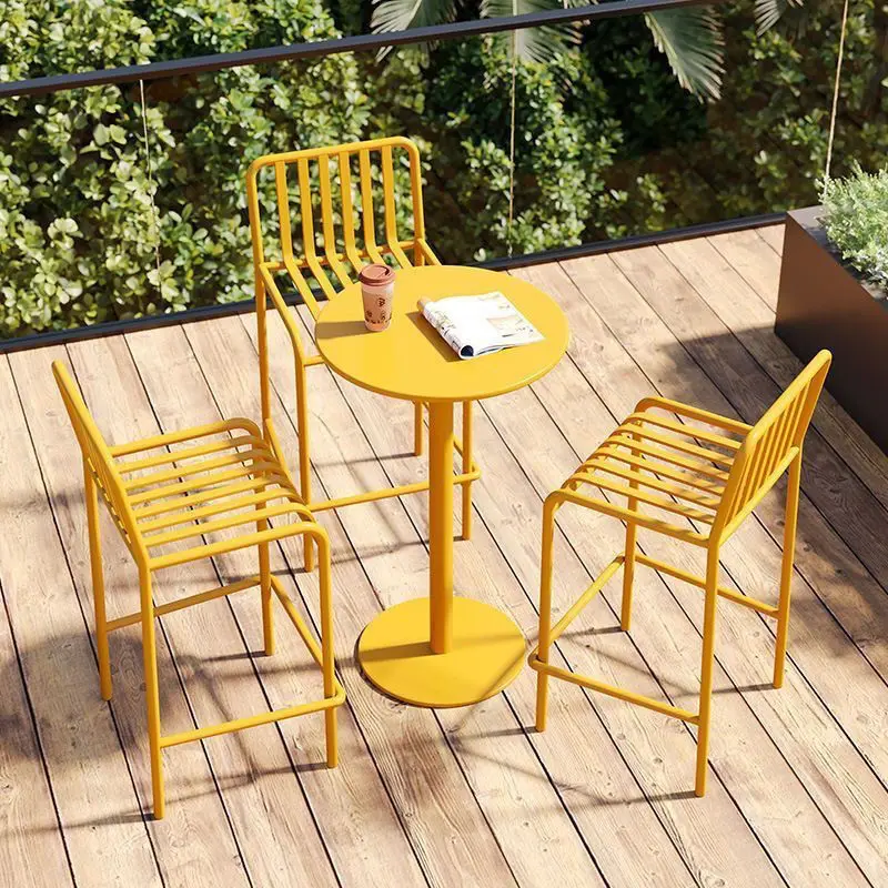 Modern Outdoor Creative High-Leg Sturdy Bar Table and Chair Set Iron Milk Tea Shop Cafe Balcony Villa Courtyard Patio Leisure