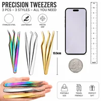 Pincettes à cils courbées et droites professionnelles, 3 pièces, en acier inoxydable 45 °   Outil de greffage pour extensions de cils et de sourcils 5