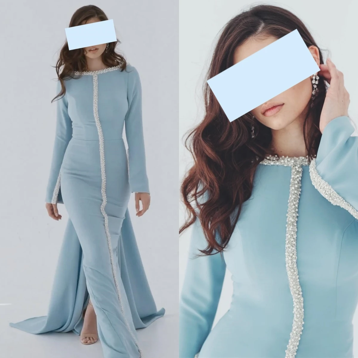 

VENUS فساتين السهرة Prom Dresses Fashion Boat Neck Sheath Sequin Slit Party Dress Long Sleeve Open Back Floor Length Formal