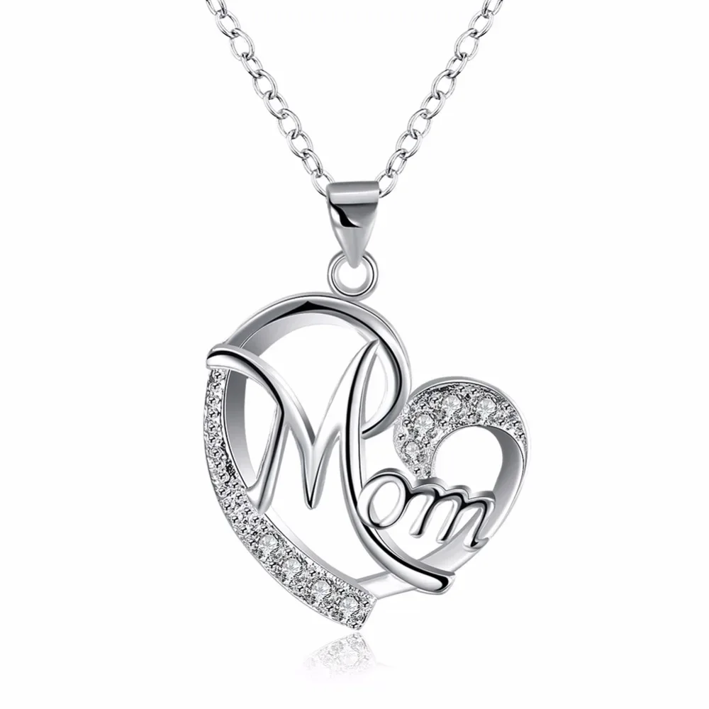 Charms MOM heart Mother's Day crystal 925 sterling silver necklace for women jewelry lady stone fashion cute pendant Accessories
