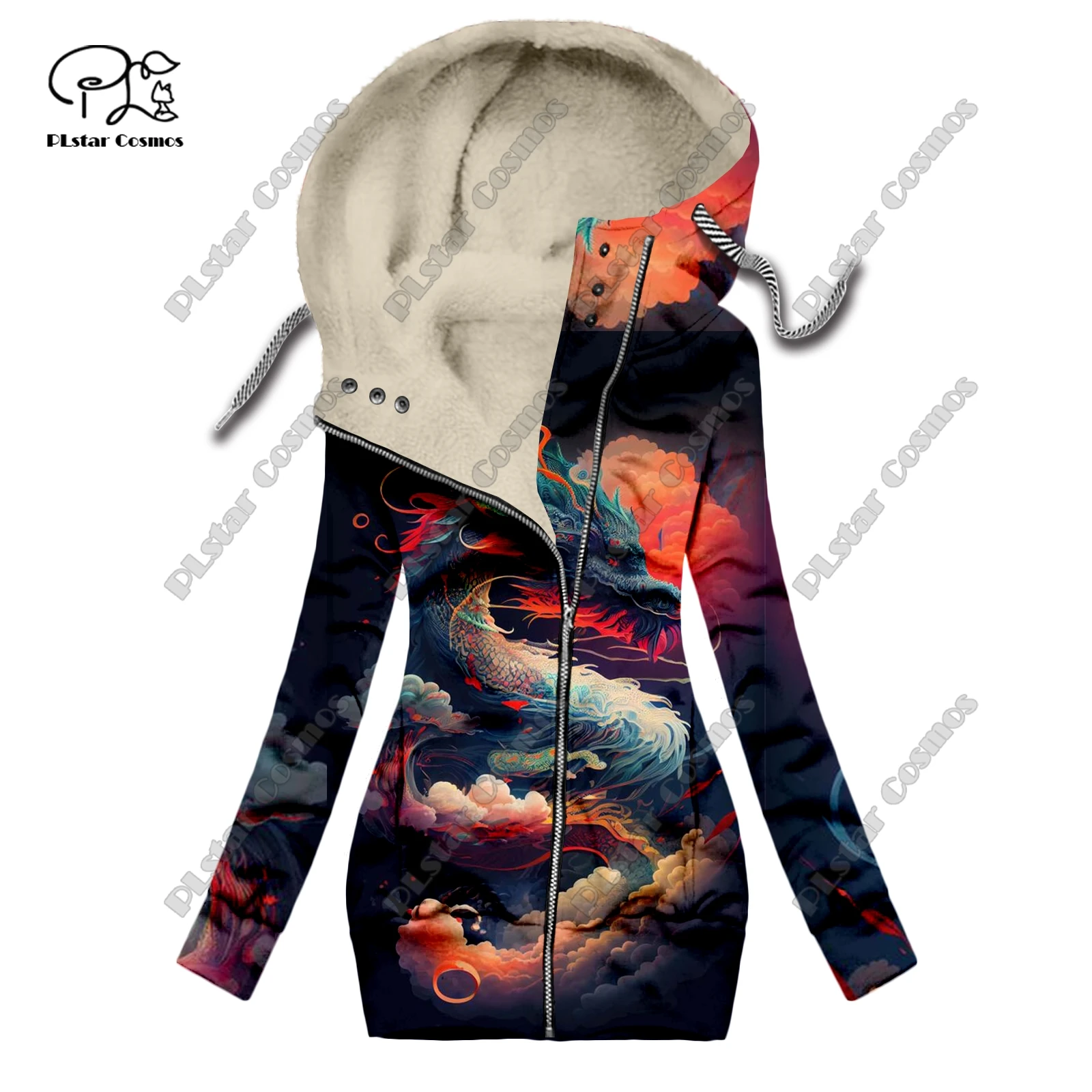 New 3D printing animal series dragon cloud pattern velvet warm women's long zipper hoodie jacket commuting casual winter