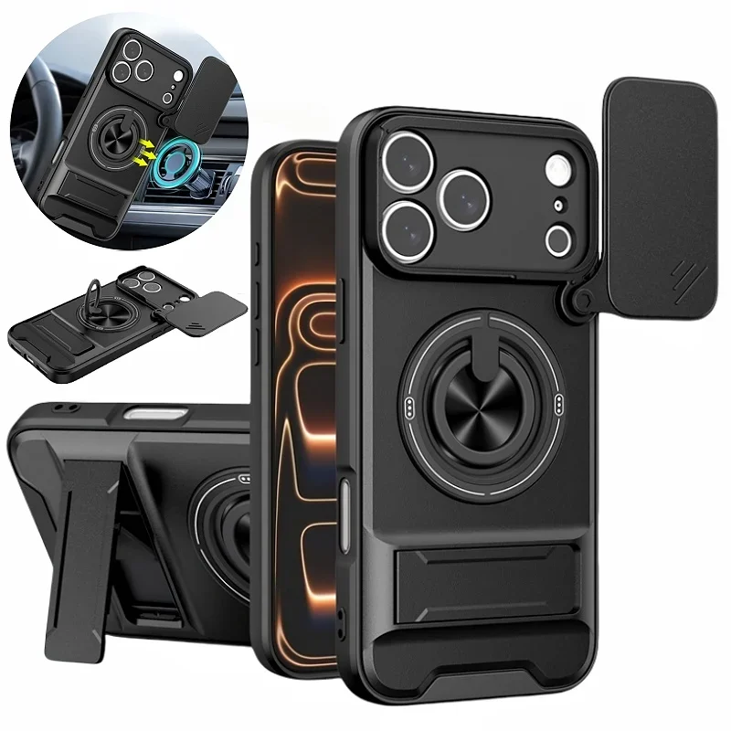 Armor Rugged Shockproof Magnetic Phone Case with Rotatable Ring Stand Cover and Camera Lens Protection