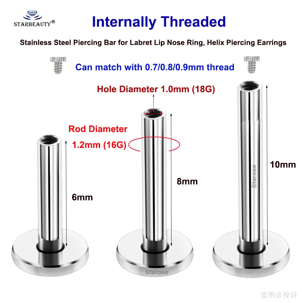 10Pcs 16G Internally Threaded Labret Bar Jewelry