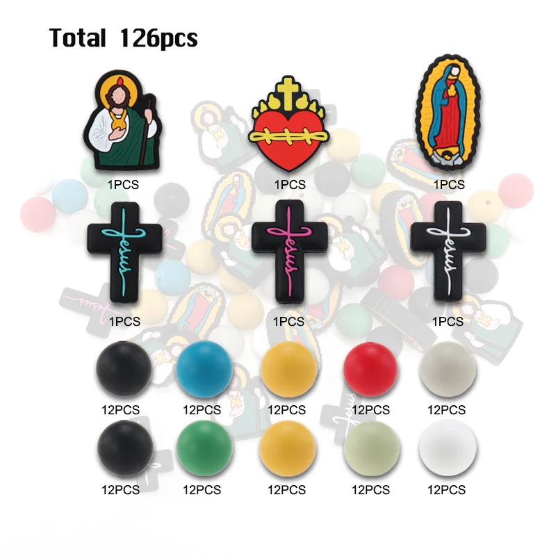 126PCS Silicone Cross Focal Beads Jesus Silicone Round Bead 15mm Cross For DIY Keychain Jewelry Making Necklace Lanyards Craft