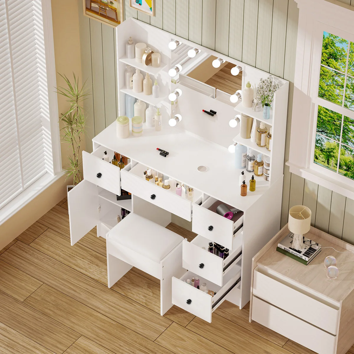 White Modern Vanity Set, LED Lighted Mirror, 3 Color Dimmable, 5 Drawers & Stool, Bedroom Dresser — view 3