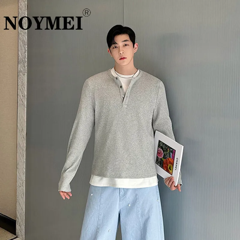 

NOYMEI Korean Style Pure Cotton Solid Color Men's V-neck All-match Spring New Long Sleeve T-shirt Male Top Simple Trendy WA4460
