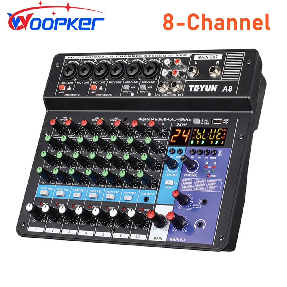 

Woopker A8 Audio Mixer 8-Channel Sound Mixing Console Support Bluetooth USB 48V Power for Karaoke Party Recording Webcasting