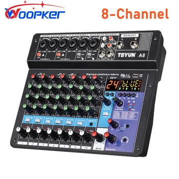 Woopker 오디오 믹서, 8 채널 사운드 믹싱 콘솔, 지지대 블루투스 USB 48V 전원, 노래방 파티 녹음 웹캐스팅용, A8