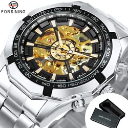 WINNER Luxury Skeleton Mechanical Watch with Luminous Hands and Stainless Steel Strap (BOX AUTO SIL GD)