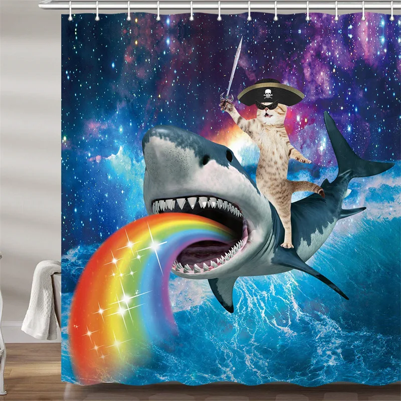 Funny Pirate Cat Shower Curtain Liner Cool Cat Riding Shark Whale