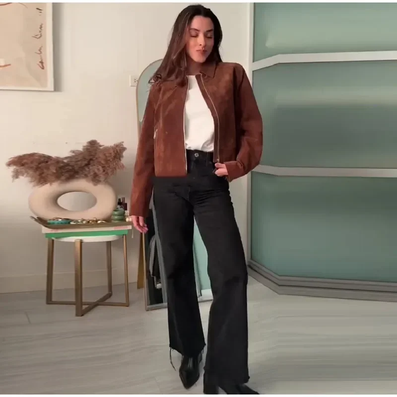 Retro Wildleder Kurze frauen Jacken Casual Revers Lange Ärmel Zipper Weibliche Mäntel 2025, Frühjahr Neue Feste High Street Outwears dame – Detail 14