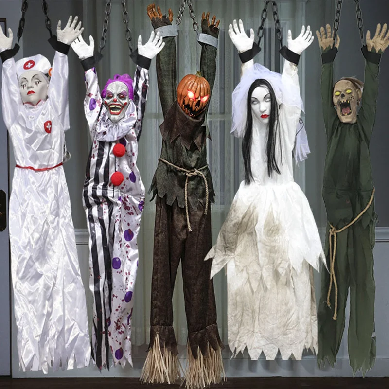 

Halloween Horror Decoration Doll Electric Toy Coat Rack Clown Nurse Witch Voice Control Electric Horror Props New 2023