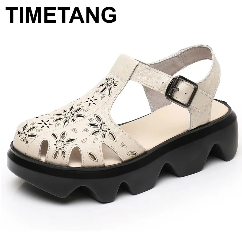 

TIMETANG Women's Sandals Genuine Leather Platform Sandal 2022 Summer Thick Sole High Heels Ladies Sandal Summer Shoes For Women