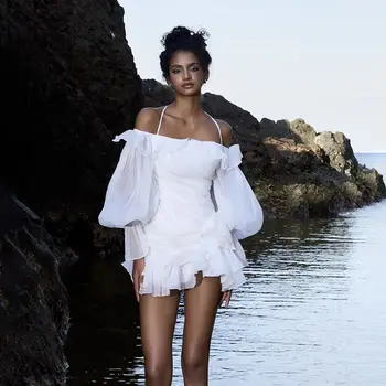 Abito Elegante Francese Stile Vacanza con Collo a Barchetta, Maniche Lunghe e Top a Tubo in Rete a Foglia di Loto da Donna
