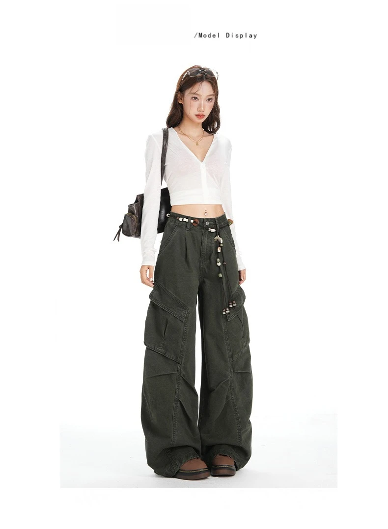 Retro Casual High Waisted Baggy Cargo Jeans Women Washed Distressed Wide Leg Pants Brown Denim Y2K Streetwear Vintage Trousers