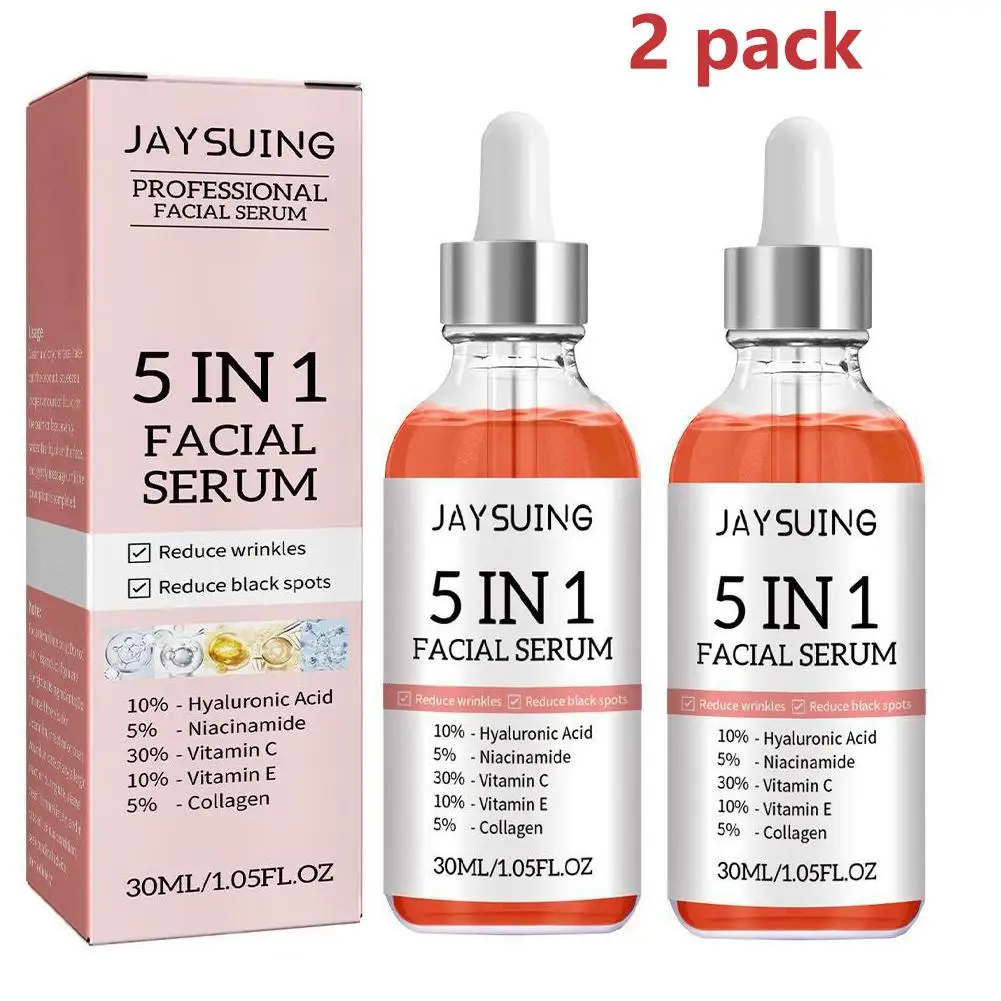 1/2Pcs 30ml 5 In 1 Face Serum Moisturizing Hyaluronic Acid Anti Wrinkle Aging Vitamin C Whitening Facial Serum Shrink SkinCare 2pcs cuishifan whitening and freckle facial cleanser face wash foam shrink soothing oil control gentle cleansing dark spots fad